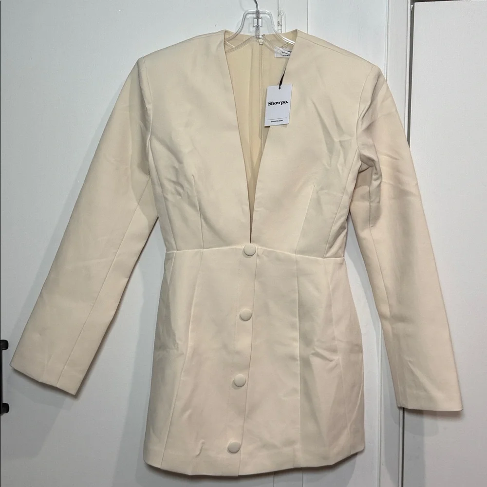Showpo. NINETTE MINI DRESS
V Neck Tulip Hem Blazer Dress in Cream - Picture 7 of 8
